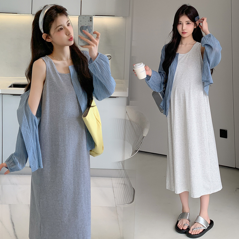 2026 New Spring and Summer Maternity Set + Retro Plaid Sun Protection Shirt Maternity Set Slimming Cotton Loose Skirt