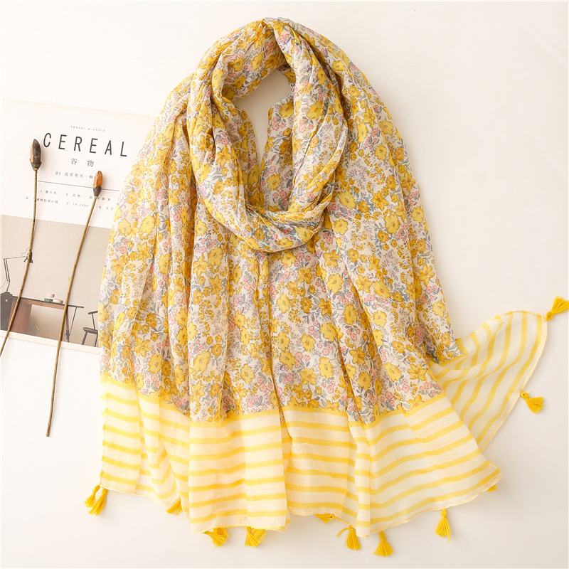 Yellow Horizontal Stripes Small Flower Sunscreen Silk Scarf Wholesale Nihaojewelry display picture 3