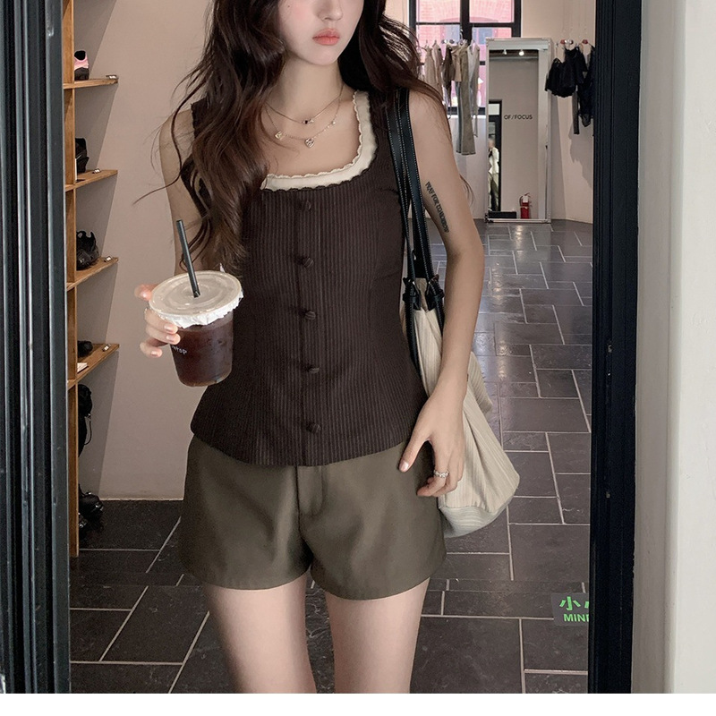 Neu Stripesd Brown Fake Two-Piece Lace Square Collar Sleeveless Waist Top Women's Summer Retro Vest