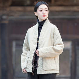 26冬季女装新款苎麻绗缝竖格披肩领盘扣夹棉保暖棉袄棉服短款棉衣