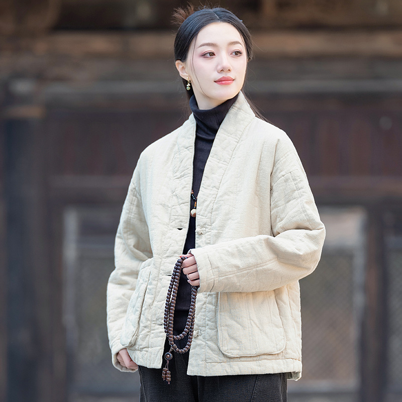 25 New Winter Women's Clothing Ramie Quilted Vertical Plaid Shawl Collar Plate Button Quilted Warm Cotton Jacket Short Cotton Coat