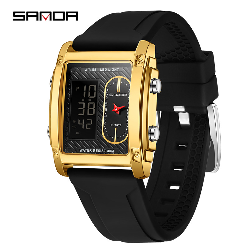 SANDA transfronterizo explosivo cuadrado hombre reloj electrónico de cuarzo impermeable moda multifunción doble pantalla reloj electrónico