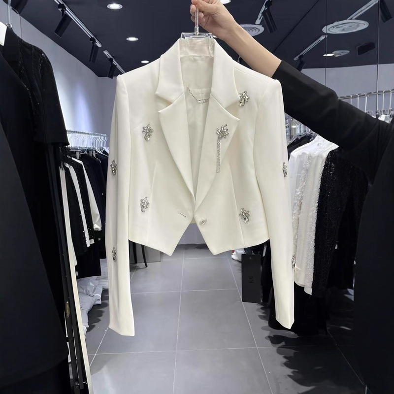 2026 Autumn/Winter Designer Style Heavy Rhinestone Beading Wide-Shoulder Irregular Slimming Long-Sleeve Blazer Short Jacket
