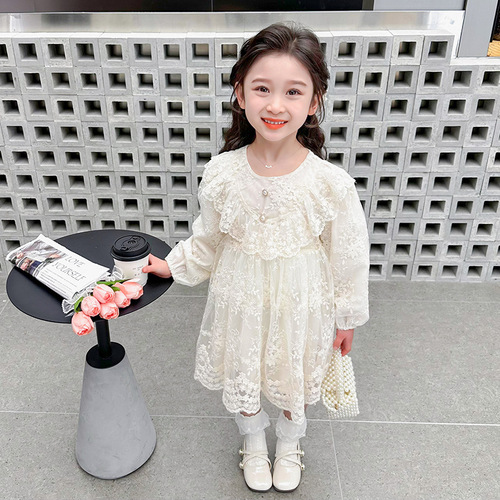 Girls' Ruffled Lace Dress 2024 Spring New Style Foreign Fashionable Children's Clothing Baby Girl Casual Princess Dress Trendy