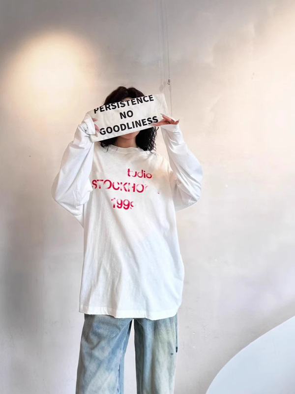 2025新款简约红字母宽松T恤百搭显瘦长袖慵懒风T恤男女同款中长款|undefined