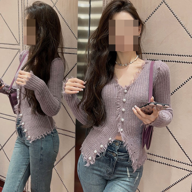 violet Flash V-neck sweater Autumn and winter Self cultivation Show thin Sense of design A small minority Unique Early spring knitting Cardigan jacket