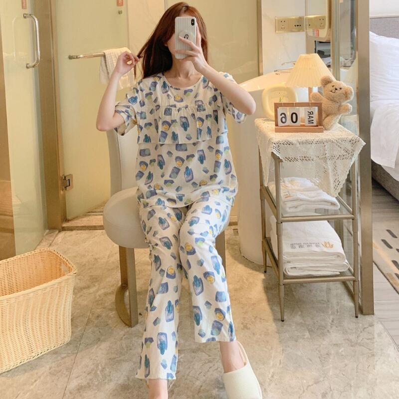New Cotton Silk Pajamas Women's Summer Thin Short-sleeved Cartoon Printed Suit Korean Style Large Size Casual Comfortable Home Clothes New Cotton Silk Pajamas Women's Summer Thin Short-sleeved Cartoon Printed Suit Korean Style Large Size Casual Comfortable Home Clothes