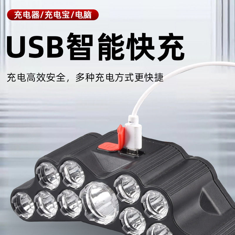 Nueva Lámpara Frontal de 11 Núcleos de Alta Potencia, Recargable por USB, para Pesca Nocturna, Pesca al Aire Libre, Iluminación de Nueve Cabezas, para Correr de Noche, Camping, Luz LED