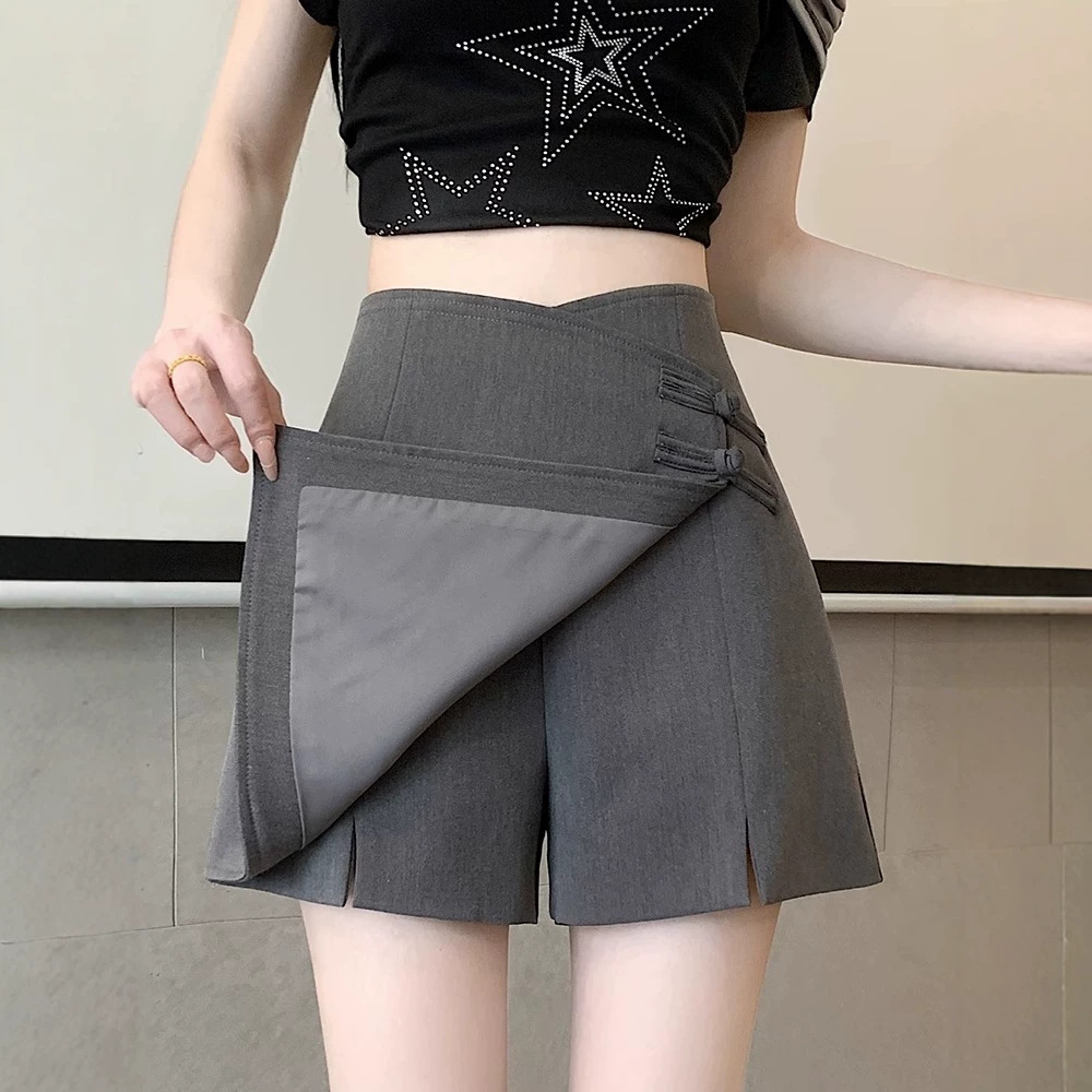 New Chinese style irregular suit trousers skirt 2026 summer style plus-size high-waisted shorts slimming design skirt
