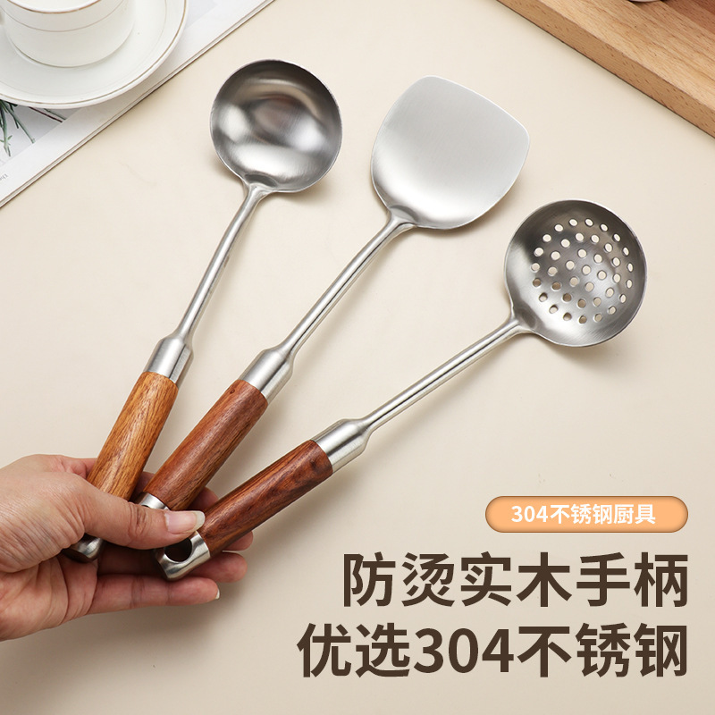 316 ステンレス鋼の小さなスパチュラミニザルキッチン家庭用火傷防止木製ハンドル寮屋外ショート調理鉄スプーン|undefined