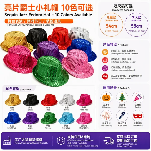 Cross-border stage magic performance sequin hat, dance performance jazz hat, children's and adult party Christmas festival hat