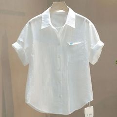 夏韓国風刺繍ラブシングルポケットデザイン縦ストライプ薄手半袖シャツカジュアルレディースシャツトップ