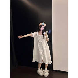 甜美蕾丝娃娃领睡裙女夏季新款舒适亲肤家居服宽松透气休闲连衣裙