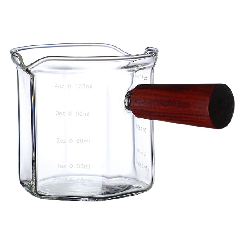Extracto de café concentrado pequeña taza de leche vidrio resistente al calor mango de madera escala mini olla de leche condimento jugo verter olla de leche
