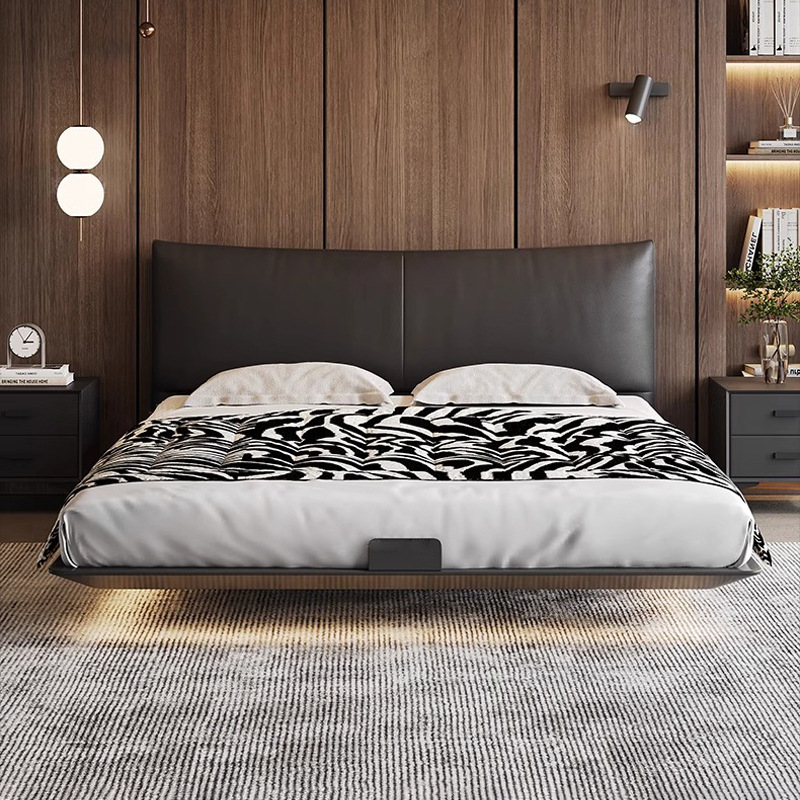 Cama Chanel suspendida de acero al carbono Cama de cuero minimalista estilo italiano Bolsa suave Dormitorio principal doble Cama grande Cama flotante Negro