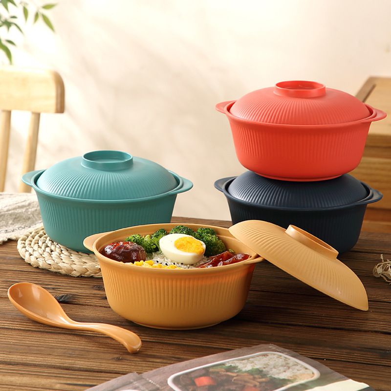 Casserole Bowl, Wheat Straw Soup Bowl, Plastic Instant Noodle Bowl, Late-Night Snack Bowl, Anti-Fall Double-Ear Bowl with Lid, Pp Bowl, Factory Direct Sale