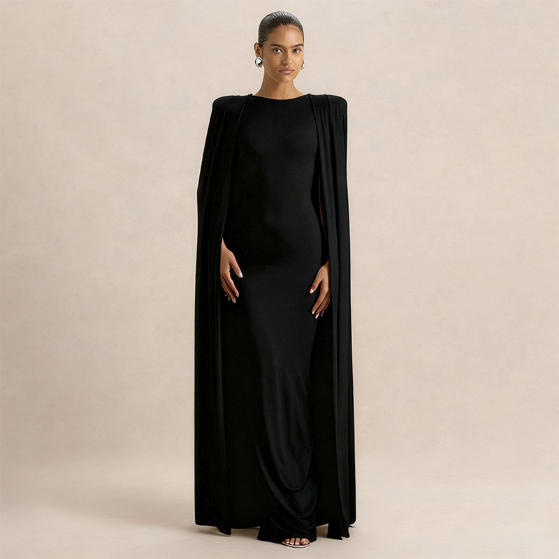 Women's Clothing Women's Elegant Party Evening Dress Solid Color Round Neck Fitted Waist Pleats Style Autumn Winter_ecoleips.com