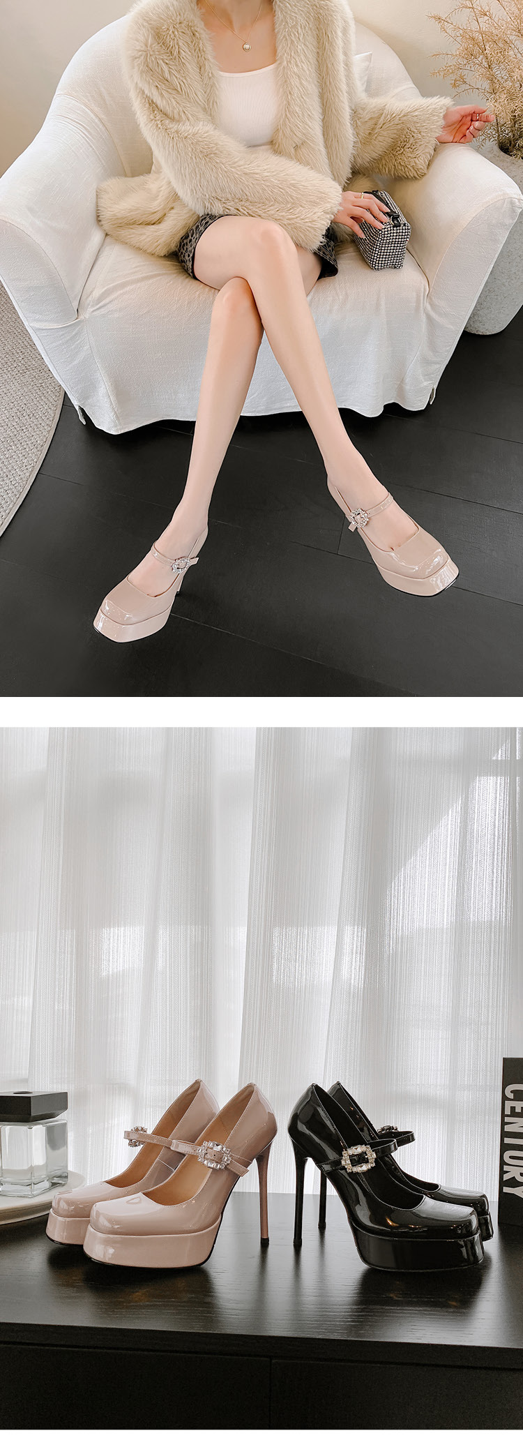 Giày cao gót Mary Jane mũi vuông quai ngang một khóa, gót nhọn 9 cm, đế platform, phong cách lễ tân dẫn chương trình — Trần truồng hồng, màu đen chi tiết 8