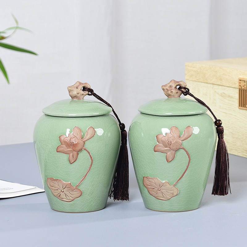 Ru Kiln Tea Canister Ceramic Relief Lotus-Design Sealed Jar, Large Size, 1-Liang Capacity&mdash;Set of Two in Gift Box, Wholesale