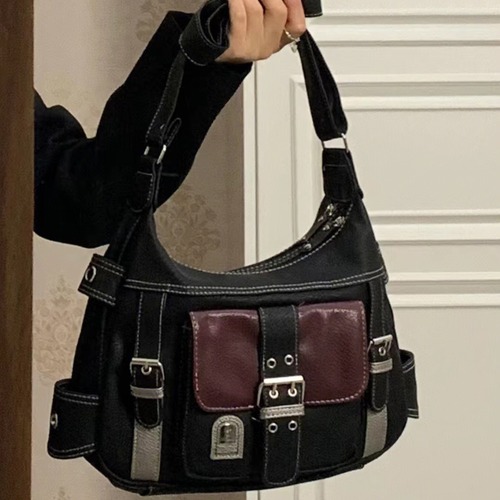 Retro medieval personality soft leather Y2K spicy girl motorcycle bag women 2025 color-block single shoulder crossbody bag trendy