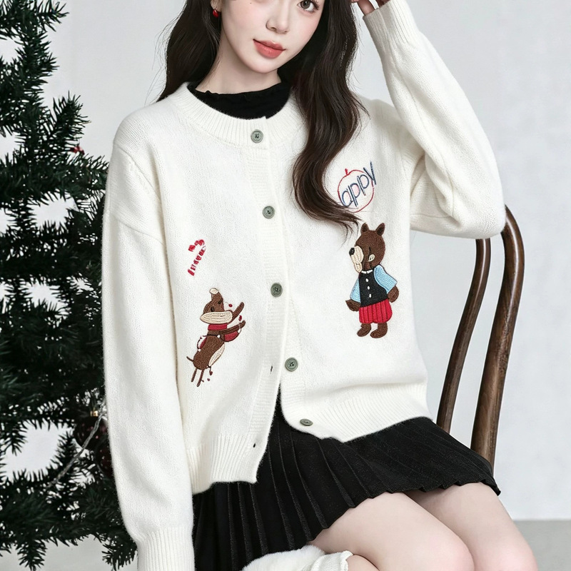 Christmas and New Year Red Cartoon Bear Knitted Cardigan Top 2026 New Loose-Fit Cozy Sweater Jacket In Stock