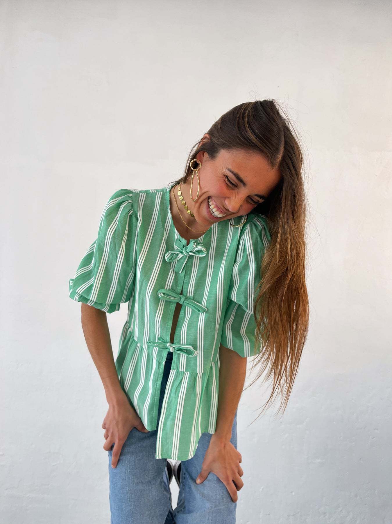 210g Weight Half Sleeve Sleeve Length Tie Placket Type Regular Sleeve Sleeve Type Polyester Fabric Type Regular Top Length Blouse Tops Type Holiday Occasion Round Neck Neckline Loose Fit Type Stripe Pattern Summer, Spring Season Women's Gender Streetwear Style Wholesale Women's Streetwear Stripe Half Sleeve Blouses 4