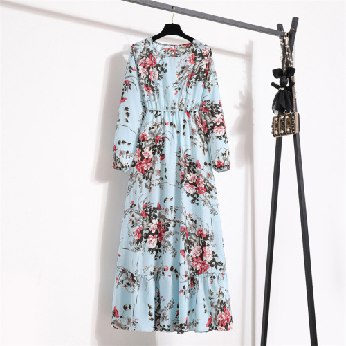 Floral chiffon long dress for women, spring outfit with long sleeves and round neck, base layer dress with waist-cinching for a slimming effect, full-length evening dress