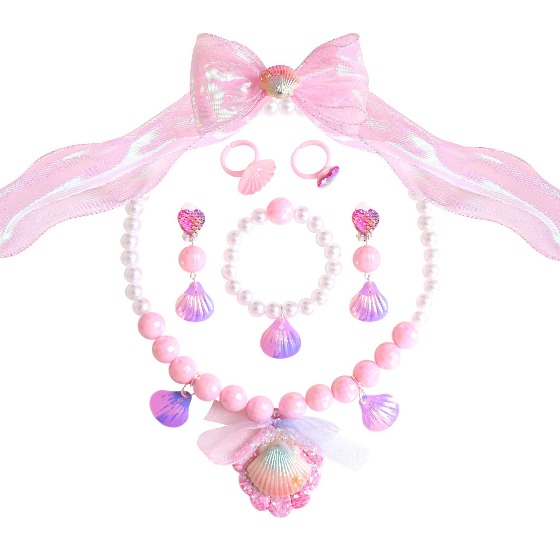 Collar para niños sirena cola collar de perlas para niñas pulsera anillo pendientes traje para niñas accesorios para bebés