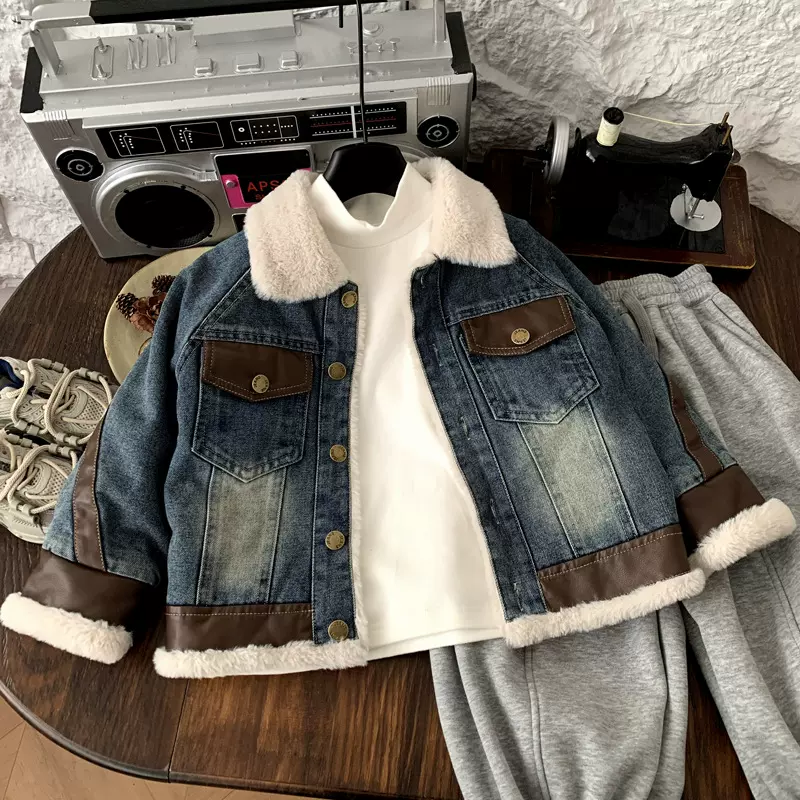 男童牛仔毛毛外套冬装2025新款儿童加绒加厚派克服女童牛仔上衣冬