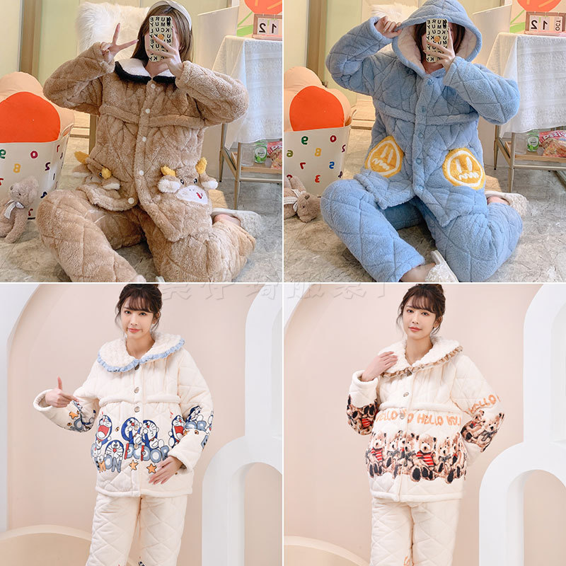 Winter three-layer thickened quilted flannel Maternity Nursing pajamas postpartum nursing plus size warm cotton-padded jacket confinement clothes
