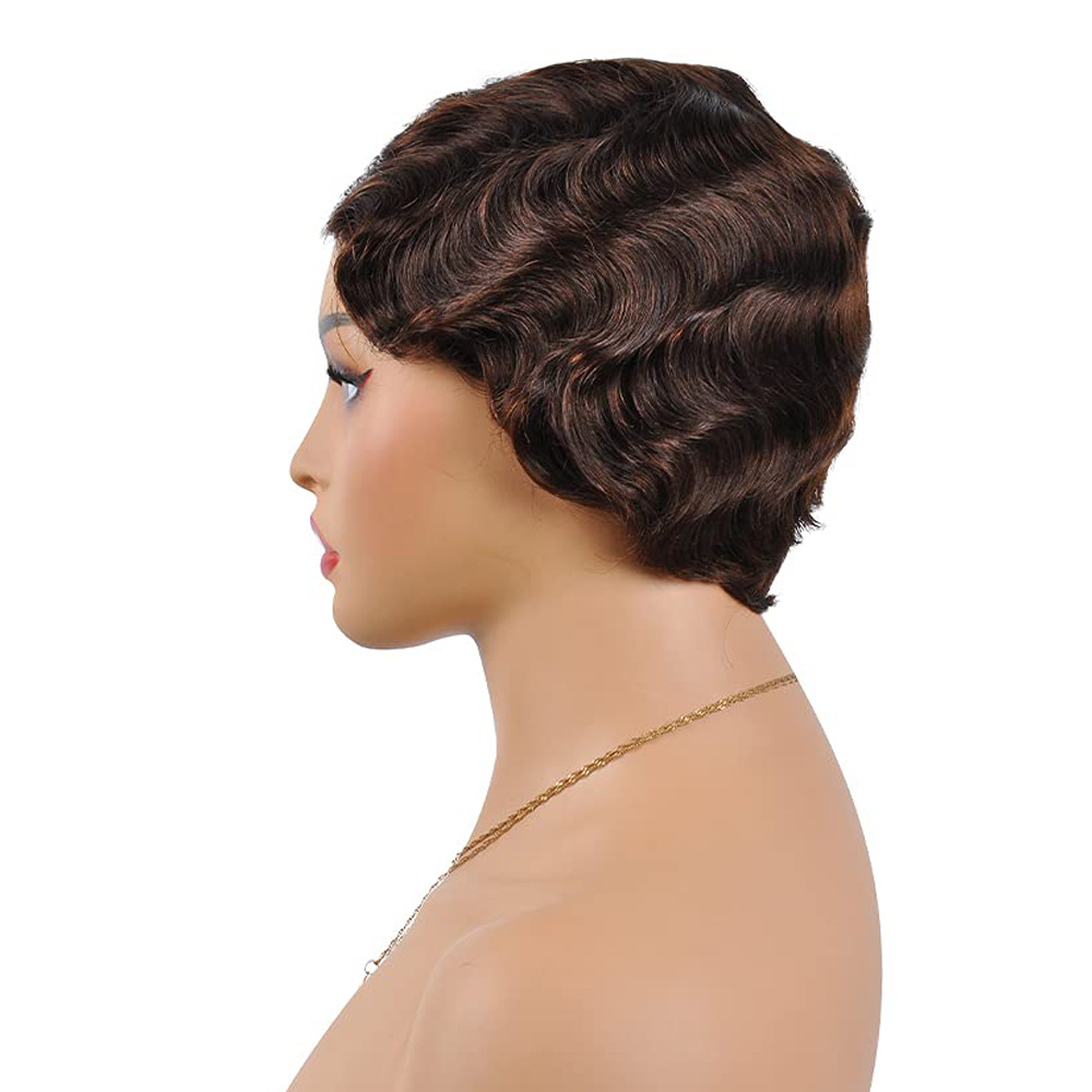 Cheveux humains fabriqués à la machine capuche courte tête de Shanghai rétro ondulé ondulation de l'eau cheveux courts bouclés capuche de cheveux humains_voghion.com
