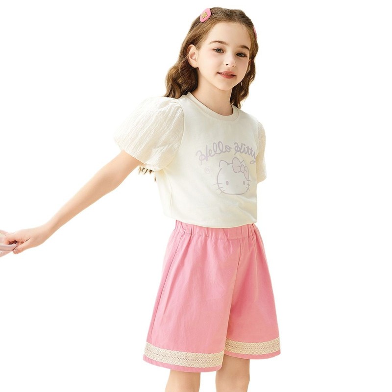 ハローキティの女の子の夏の2025の新型のスーツはファッションの甘い2つのセットを組み合わせます。|undefined