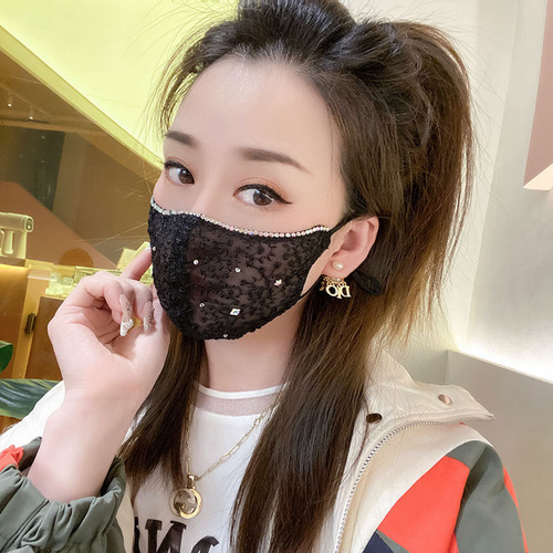 B2509 Summer New Lace Net Dustproof Fashion Versatile Diamond Decorated Breathable Sun Protection Face Mask for Women