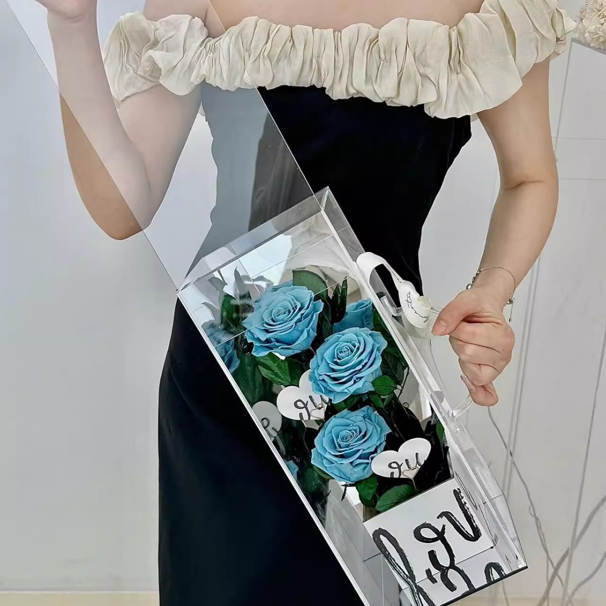 Día de San Valentín flores eternas rosas acrílicas cajas de regalo acabados adornos para la novia esposa regalos de flores reales