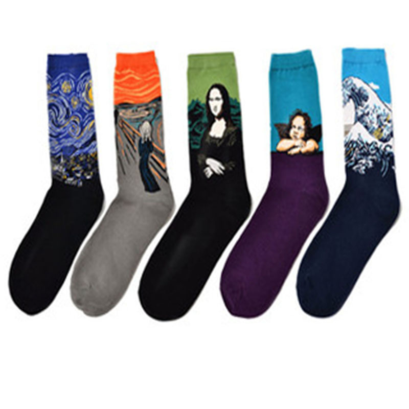 Cross-border Large Size Oil Painting Socks Trendy Men's Mid-length Socks Crazy Oil Painting Series Men's and Women's Socks Men's Cotton Socks Long Socks
