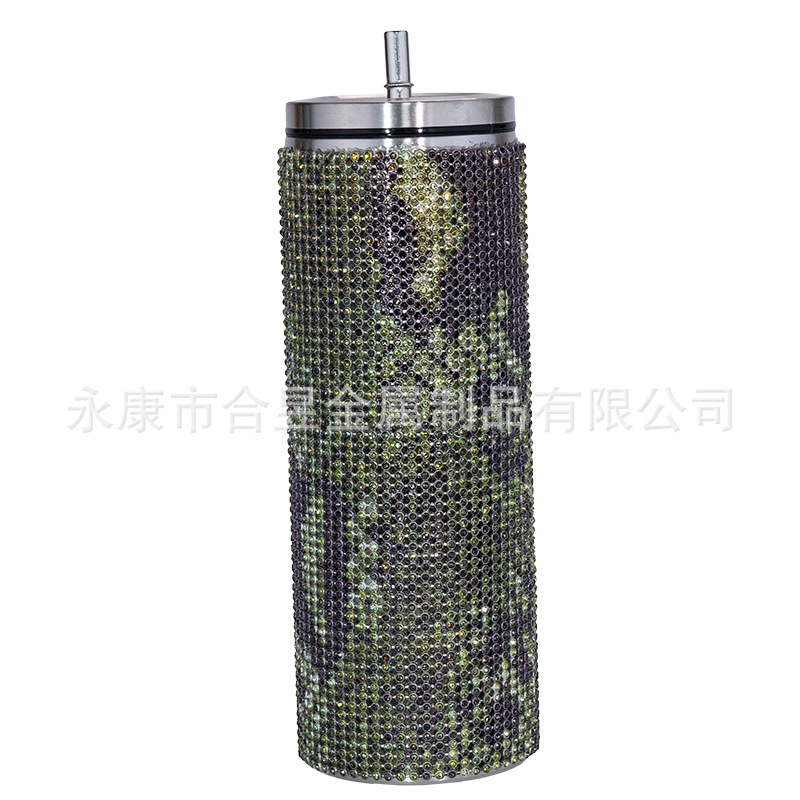 Bling rhinestone taladro 20oz vacío aislado paja de acero inoxidable taza café cuerpo recto adelgazamiento taza