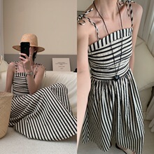 韩国chic夏季法式复古风一字领露肩高腰显瘦条纹抹胸吊带连衣裙女