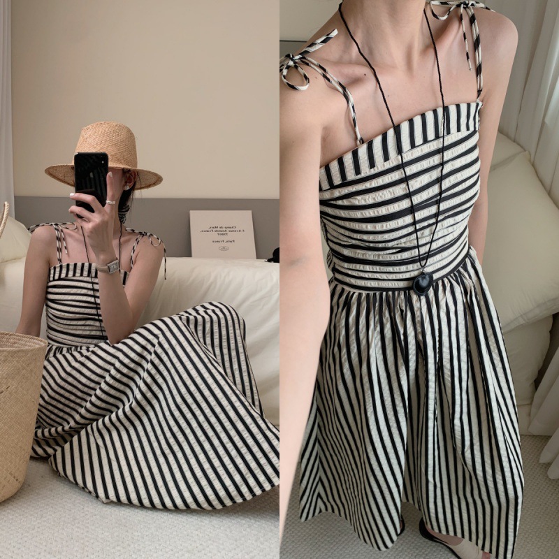 韩国chic夏季法式复古风一字领露肩高腰显瘦条纹抹胸吊带连衣裙女