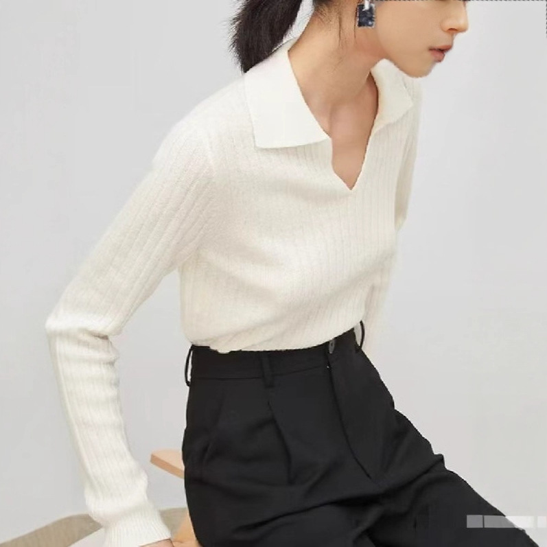 polo领毛衣女2025年秋季新品女装长袖内搭v领白色打底女式针织衫