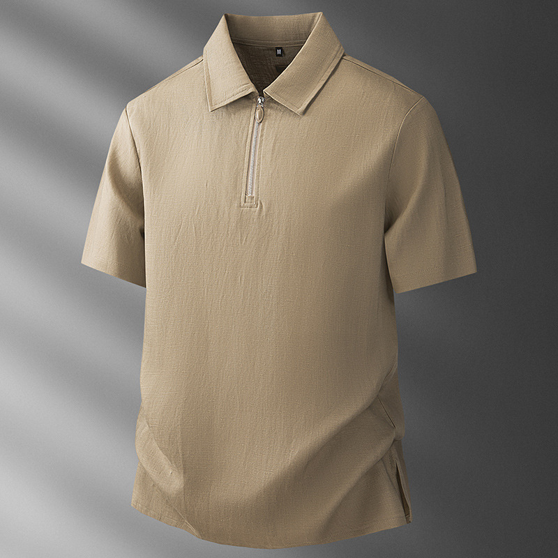 High-End Half-Zip Cotton and Linen Breathable Golf Polo Shirt with a Turn-Down Collar, Short-Sleeve Polo Shirt for Men with a Premium Feel