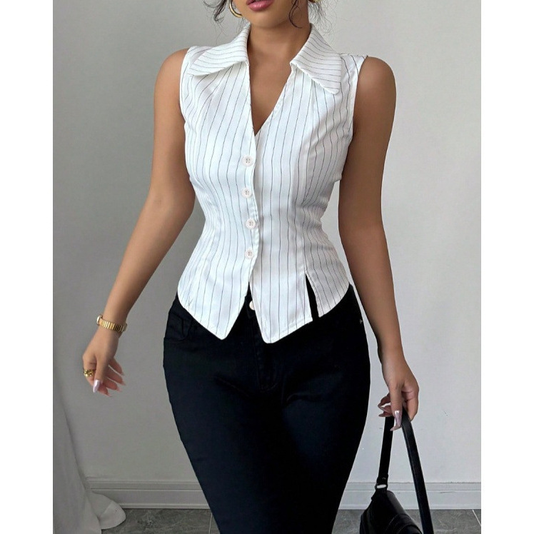 Cross-Border In-Stock Women's Striped Sleeveless Shirt Slim Fit Blouse Cardigan Top European and American Casual Women's Shirt
