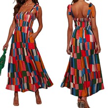 亚马逊跨境外贸2025年欧美新款度假风印花无袖系带拼色中长连衣裙