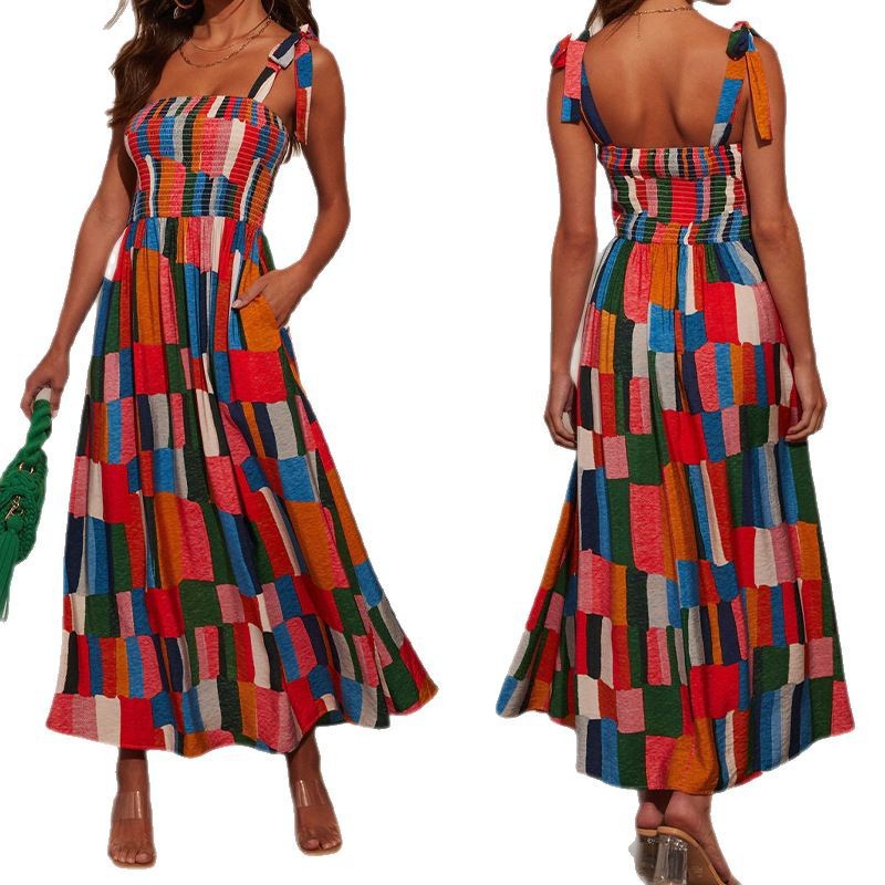 亚马逊跨境外贸2025年欧美新款度假风印花无袖系带拼色中长连衣裙