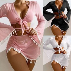 2023 new European and American cross-border conservative swimsuit women's solid color tassel mesh blouse short skirt four-piece bikini