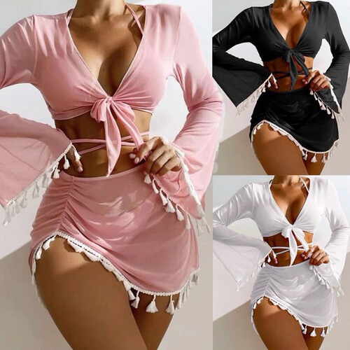  new European and American cross-border conservative swimsuit women's solid color tassel mesh blouse short skirt four-piece bikini