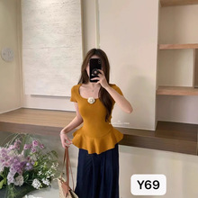 法式立体花朵u领正肩短袖针织衫女夏季收腰显瘦别致独特短款上衣