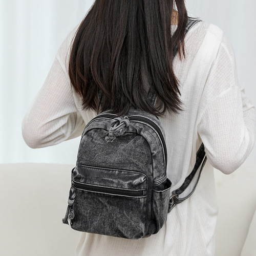 Japanese minimalist fashion dual-shoulder bag for women, retro denim fabric student backpack, travel small backpack.