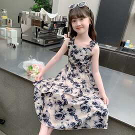 女童吊带连衣裙2026新款大童女装洋气碎花裙儿童夏季度假风沙滩裙