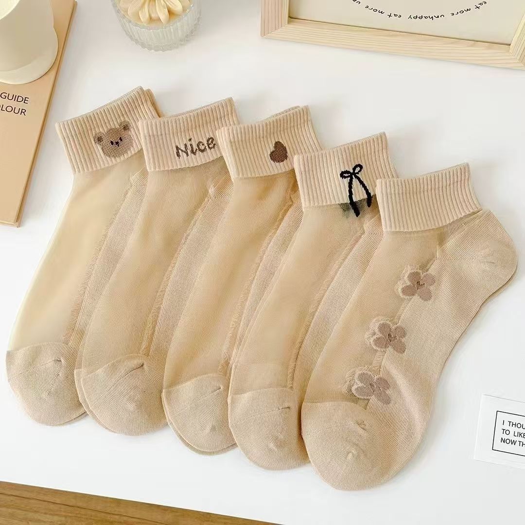 Summer Socks Women's Lightweight Cotton Bottom Glass Silk Short Socks Transparent Skin Color Cute Boat Socks Summer Women's Silk Stockings