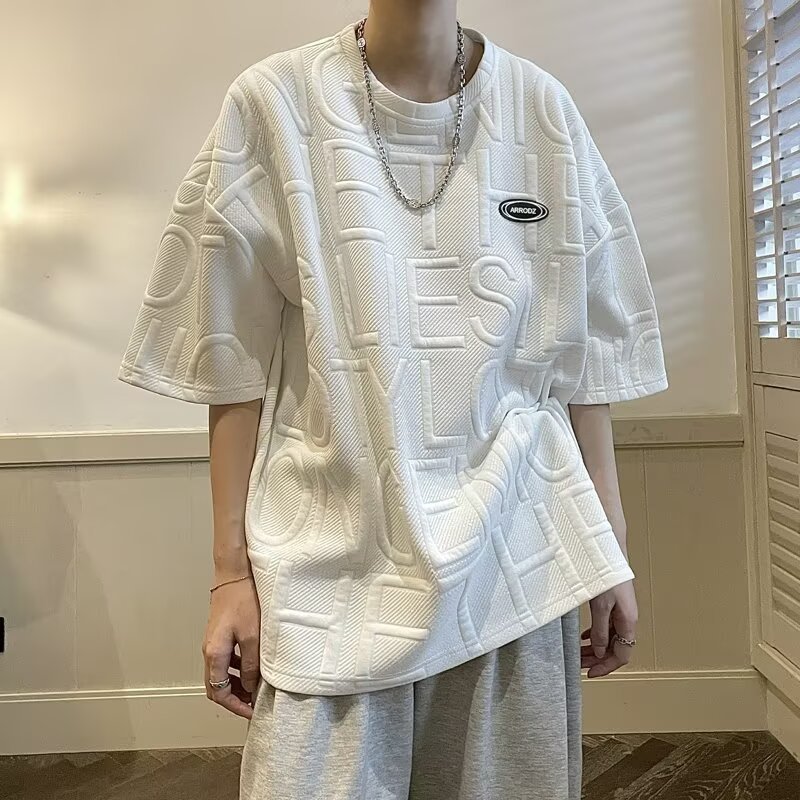 2026 camiseta de manga corta de verano hombre marca de moda de manga media suelta de cinco puntos estudiantes waffle Jacquard ropa de media manga
